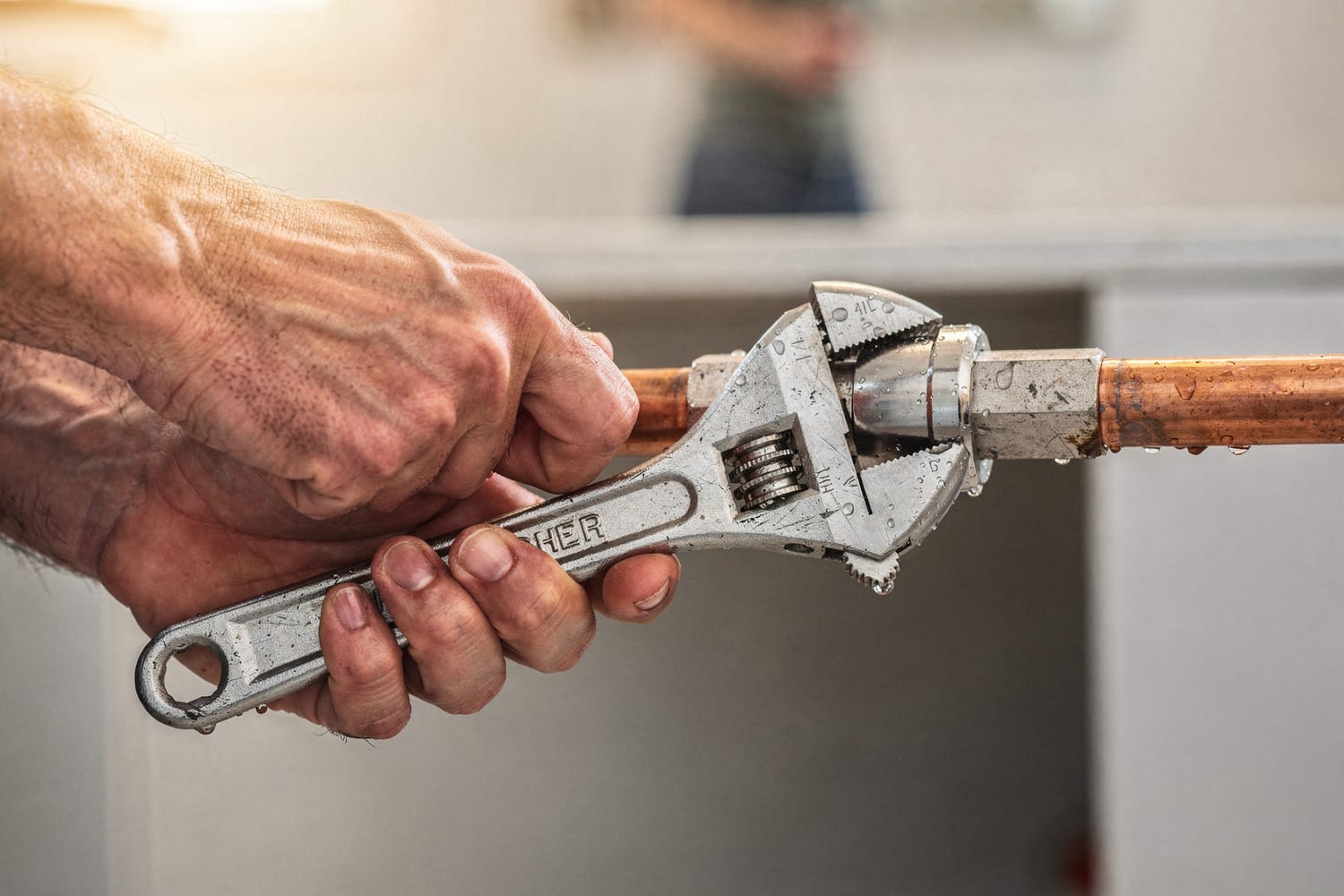 A plumber tightening a chrome fitting on a copper water line