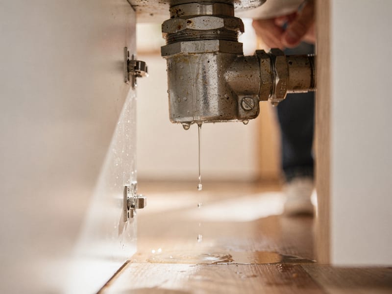 A small leak at a pipe joint under a cabinet