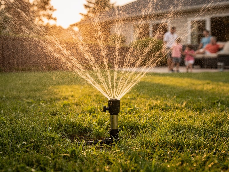 A lawn sprinkler running in warm Front Range evening light
