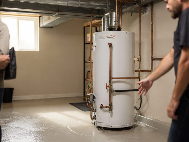 A plumber walking a homeowner through a newly installed water heater